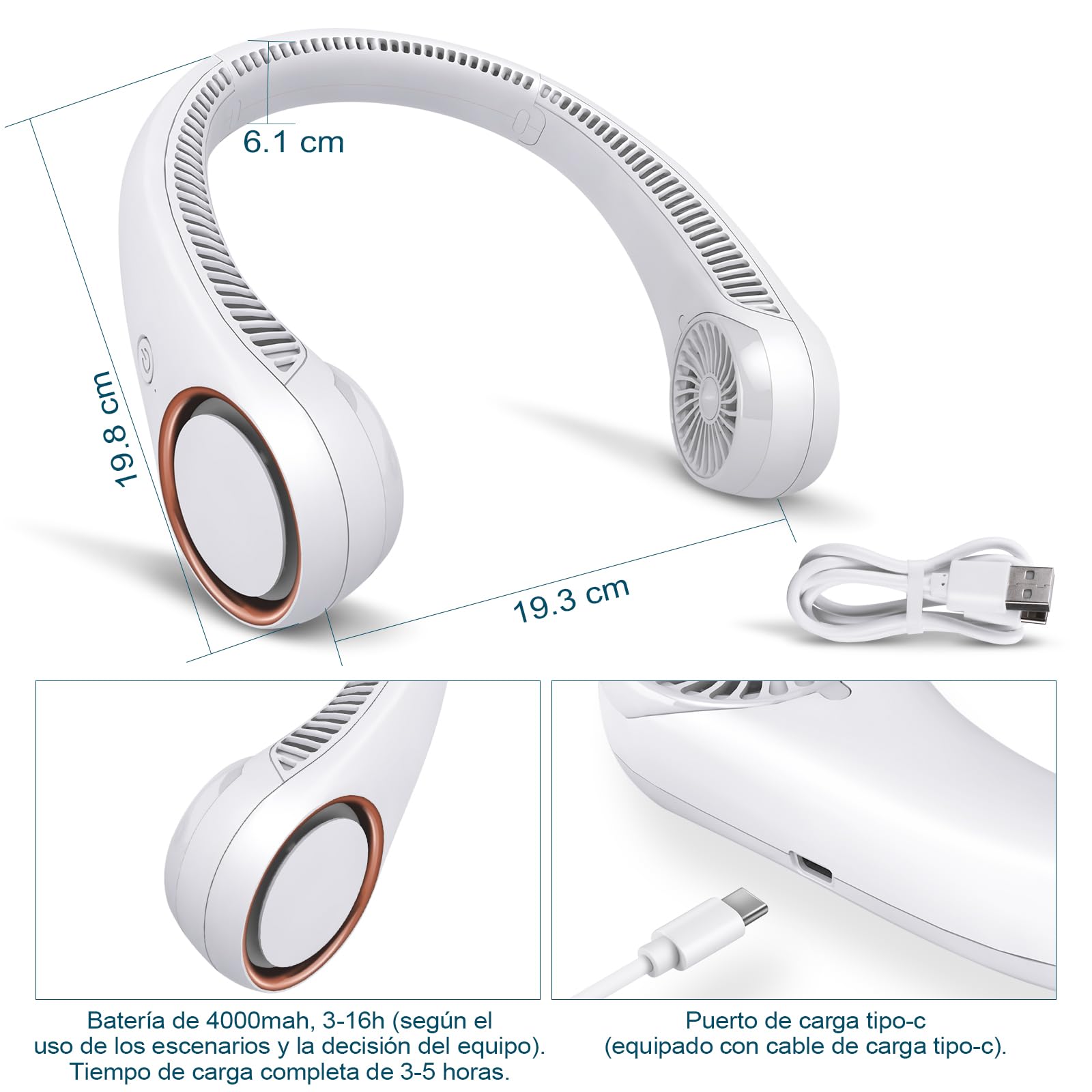 CIVPOWER Ventilador de cuello: portátil, personal, para el cuello, recargable, sin aspas, manos libres, 3 velocidades, 4000 mAh, funciona con USB, diseño de auriculares para hombres, mujeres