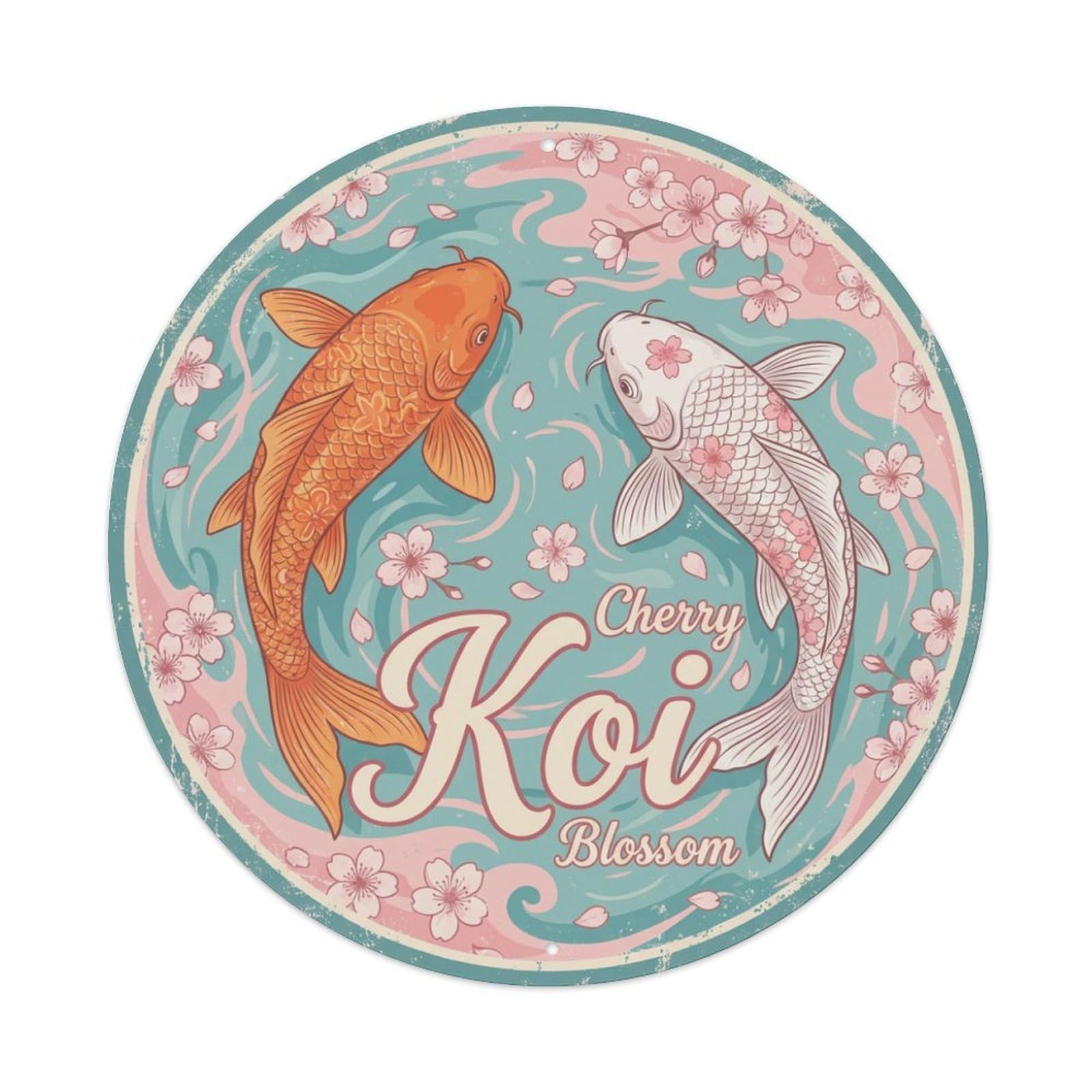 Koi Fish Cherry Blossom Waters Spring Pink Delicate Floral Metal Tin Sign