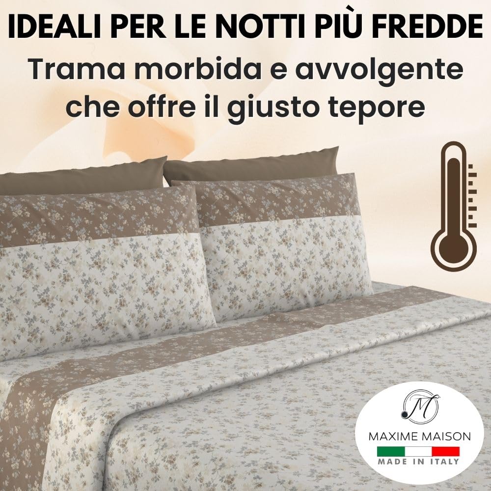 MAXIME MAISON - Completo Lenzuola Flanella Matrimoniale in Cotone Stampate, Set Lenzuola Matrimoniali Flanella Invernali con Fantasia Elegante (Garden Tortora)