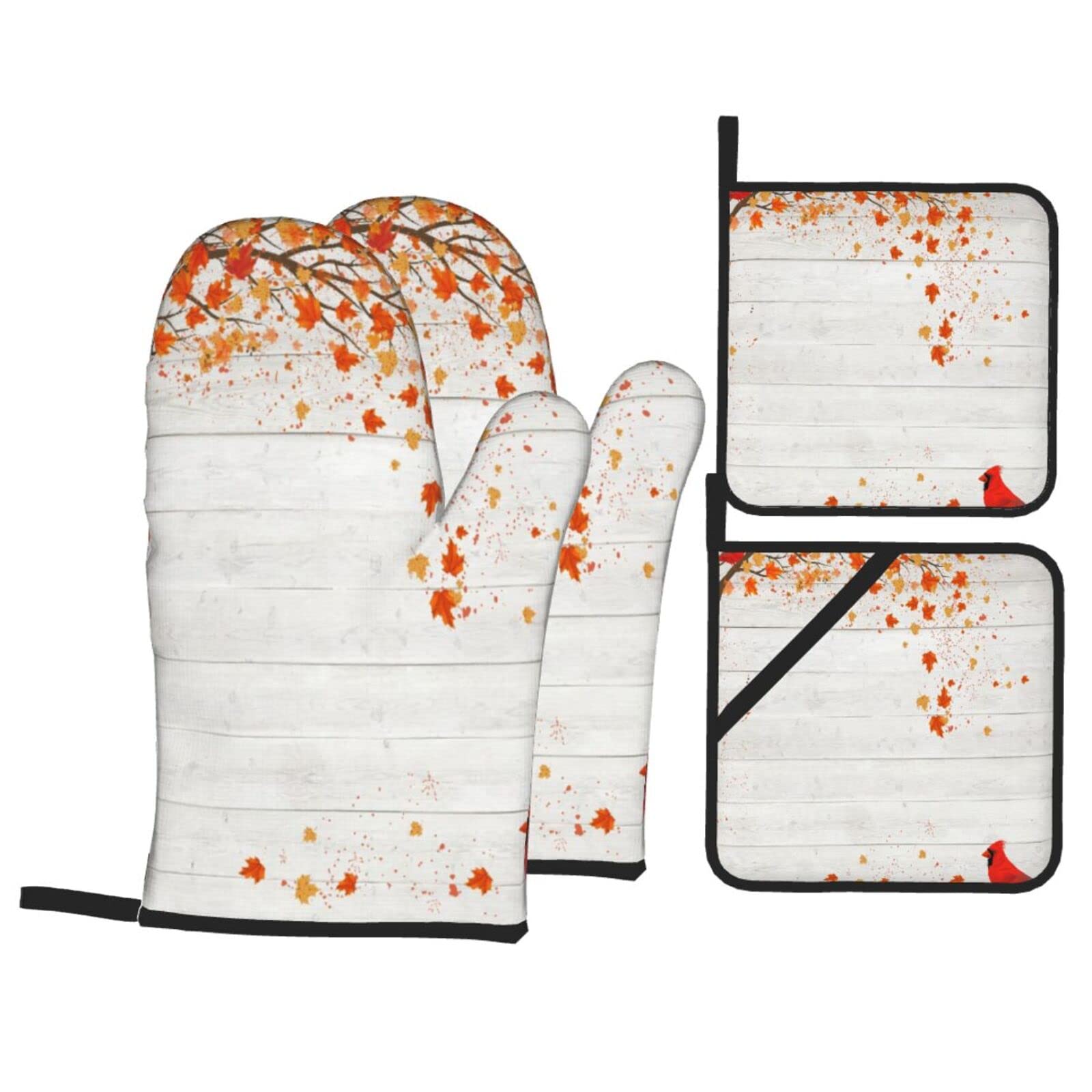 Oven Mitts and Pot Holders Sets of 4,Fall Autumn Maple Leaves Cardinal Bird On Gray Wood Country Barn Wall,Resistant Hot Pads with Polyester NonSlip BBQ Gloves for Kitchen,Cooking,Baking,Grilling