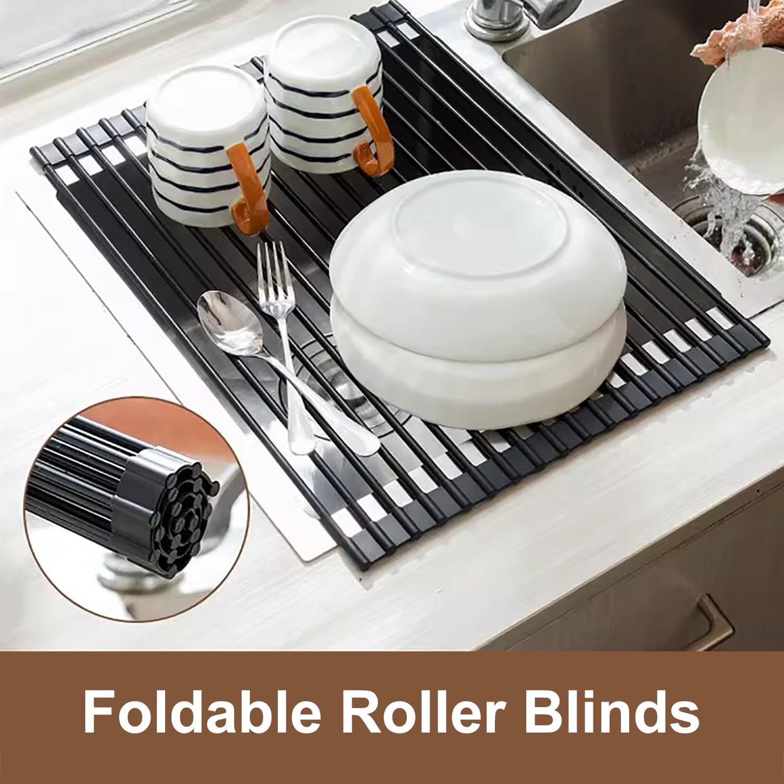 Escurridor plegable de acero inoxidable para secar sobre el fregadero, organizador de cocina multifuncional para platos, cuencos, frutas y verduras (negro, XXXXgrande)