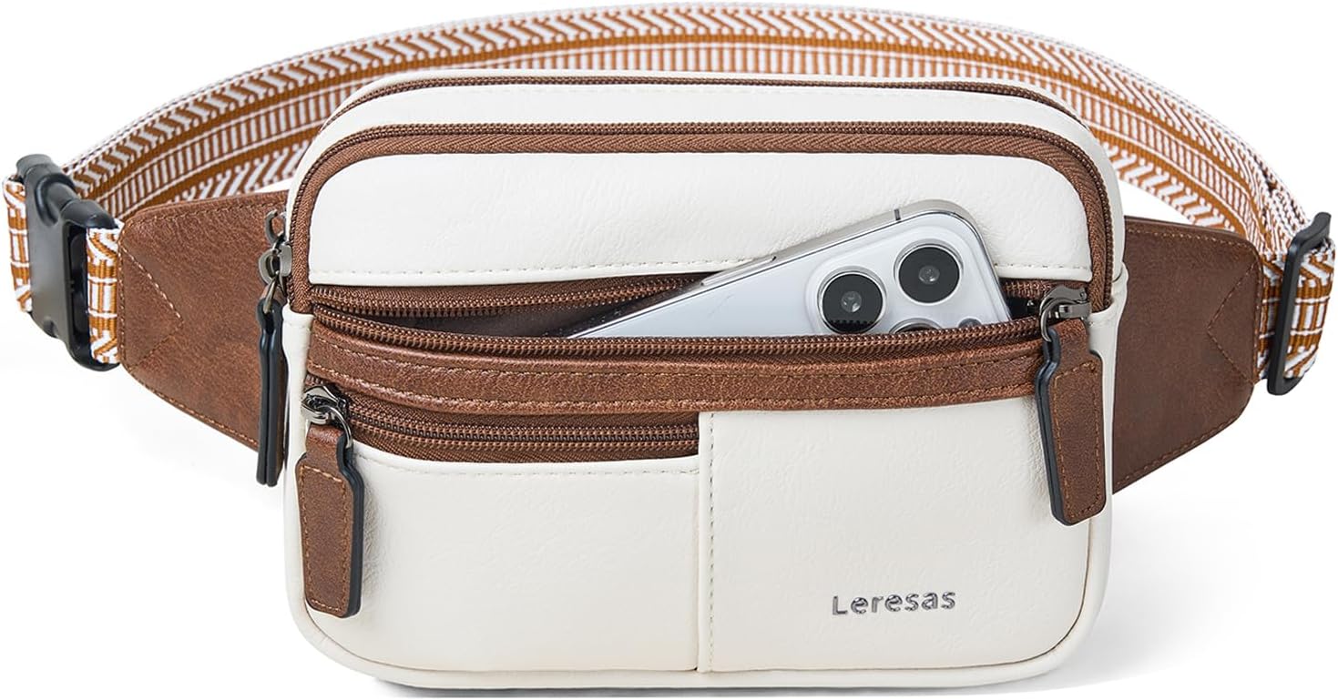 Fanny Packs for Women Vegan Leather Belt Bag Cross Body Waist Pack Waist Purse for Travel Hiking Running Beige