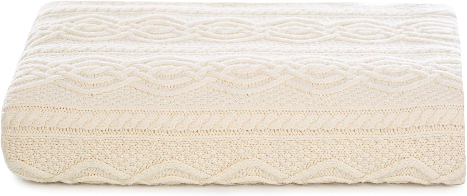 SAOL King Size Bed Irish Aran Throw Blanket 100% Super Soft Merino Wool 92x78 Inches (Natural)