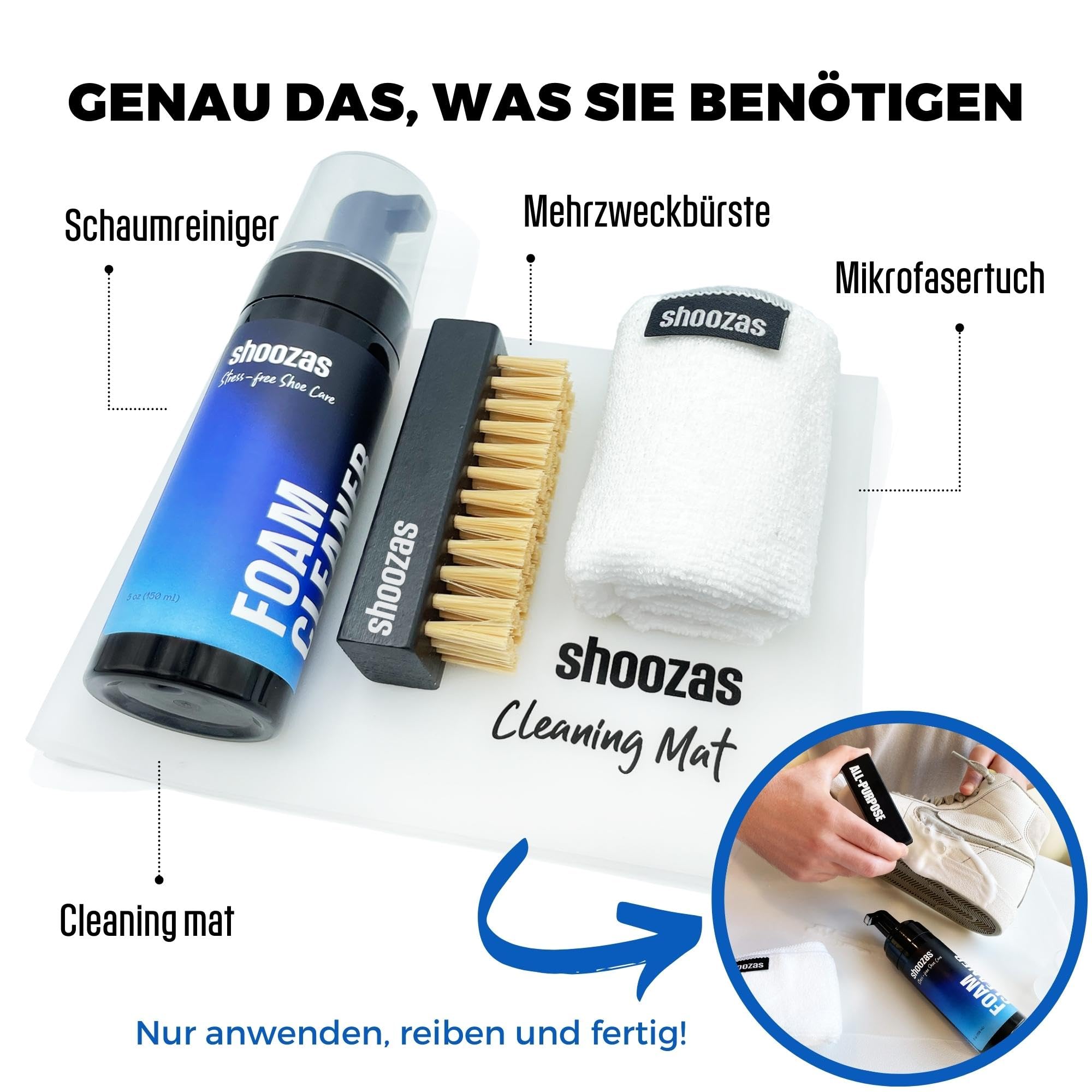 SHOOZAS - Kit zur Schuhreinigung - Schaumreiniger, Wasserdichte Matte, Bürste und Mikrofasertuch - Ideal für Leder, Gummi, Kunststoff und Sohlen - Ohne Wasser, Schnelltrocknend