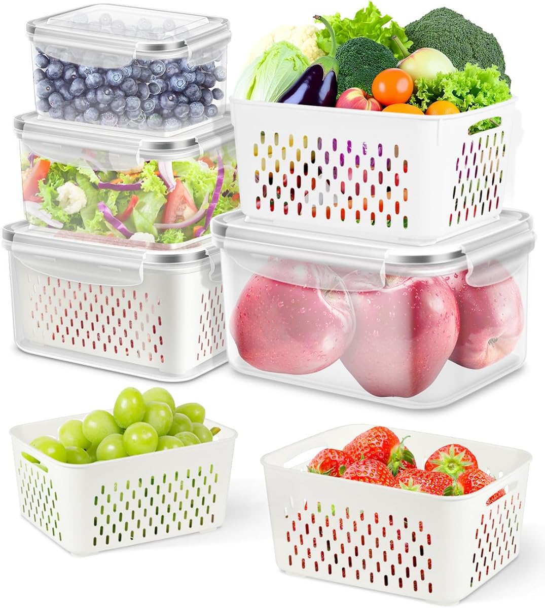 4 Pack Fruit Storage Containers for Fridge Fresh Produce Saver Berry Keeper | Airtight Food Container Set with Colander Lettuce Keep Fresh BPA Free Plastic Refrigerator Organizer Freezer Dishwasher Safe