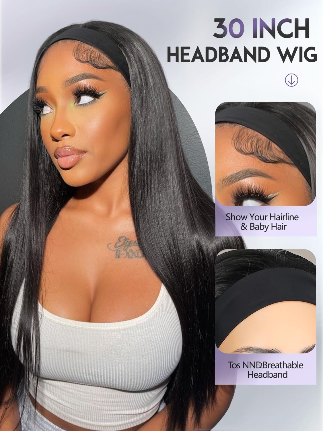 Quantum Love 30 inch Long Straight Headband Wigs for Women Black Half Wig Glueless Synthetic Pull and Go for Beginner Friendly Daily Party Heat Resistant