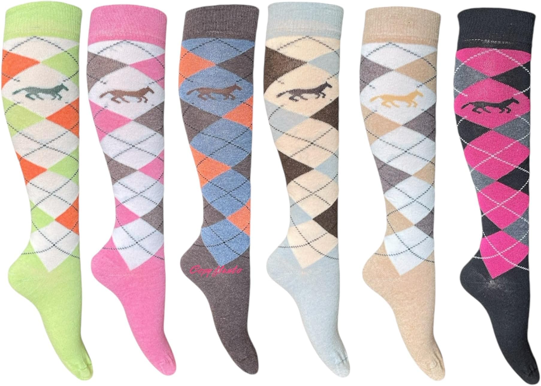 Women’s Knee High Socks - 6 Pairs | Argyle Horses Design | Multicolored Cotton Rich | Equestrian Riding Boot Socks | Fits UK 4-7, EU 35-39 | Stylish and Comfortable for Everyday Wear