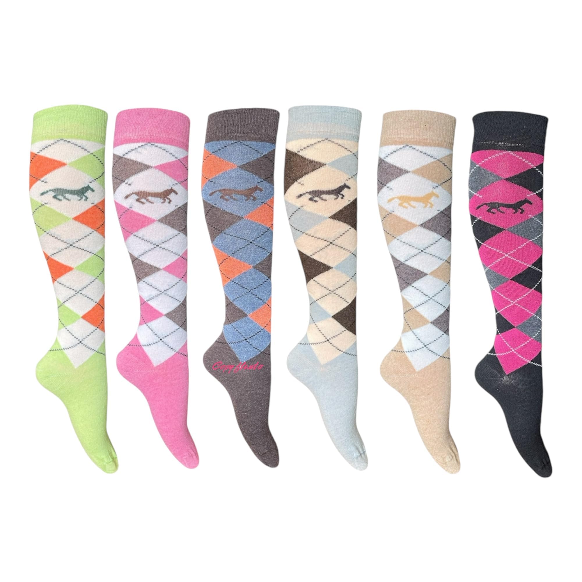 Cozy FlairWomen’s Knee High Socks - 6 Pairs | Argyle Horses Design | Multicolored Cotton Rich | Equestrian Riding Boot Socks | Fits UK 4-7, EU 35-39 | Stylish and Comfortable for Everyday Wear