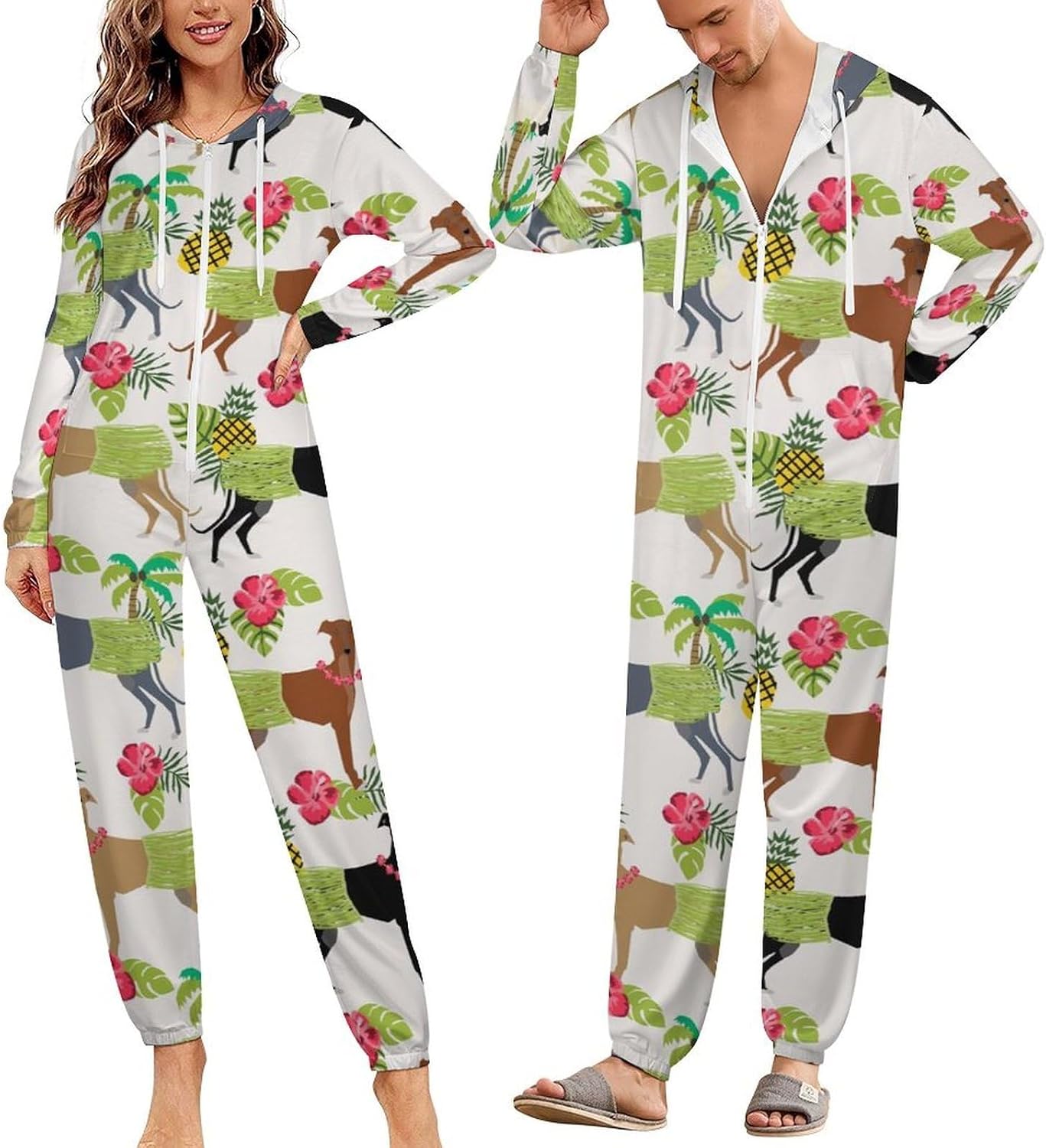 Tropical Palm Tree Hula Dancer Dog Greyhound Pattern Adult Pajamas Onesie with Hood Pocket Jumpsuits One Piece Sleepwear