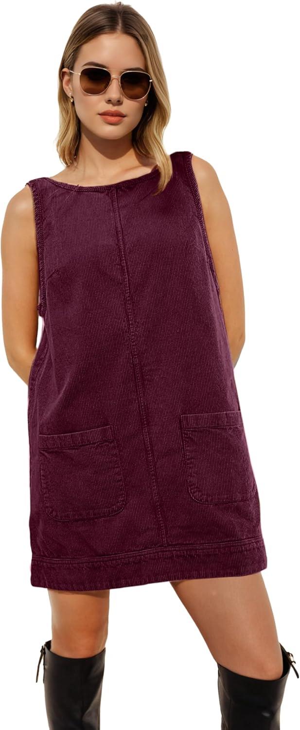 Womens Corduroy Overalls Dress Low Open Back Skirtall Jumper Mini Dress Pinafore with Pockets - Image 3