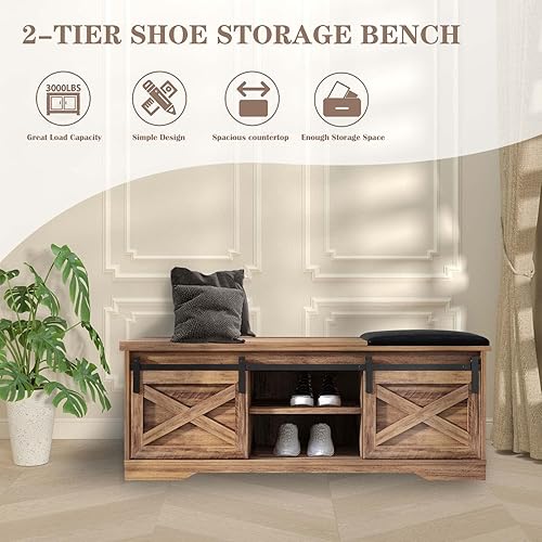 Miniatura 3 de SAINTCY Banco de zapatos de entrada con almacenamiento, armario de zapatos marrón con puerta corrediza de granero, banco de almacenamiento interior