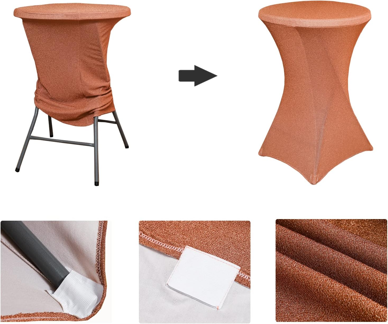 Rose Gold Cocktail Table Covers - Round Table Cover for 2.6-Foot (32 X 43 Inch) High Top Folding Table, Spandex Table Covers for Wedding Party Banquet Fiesta Pub Bar Decorations