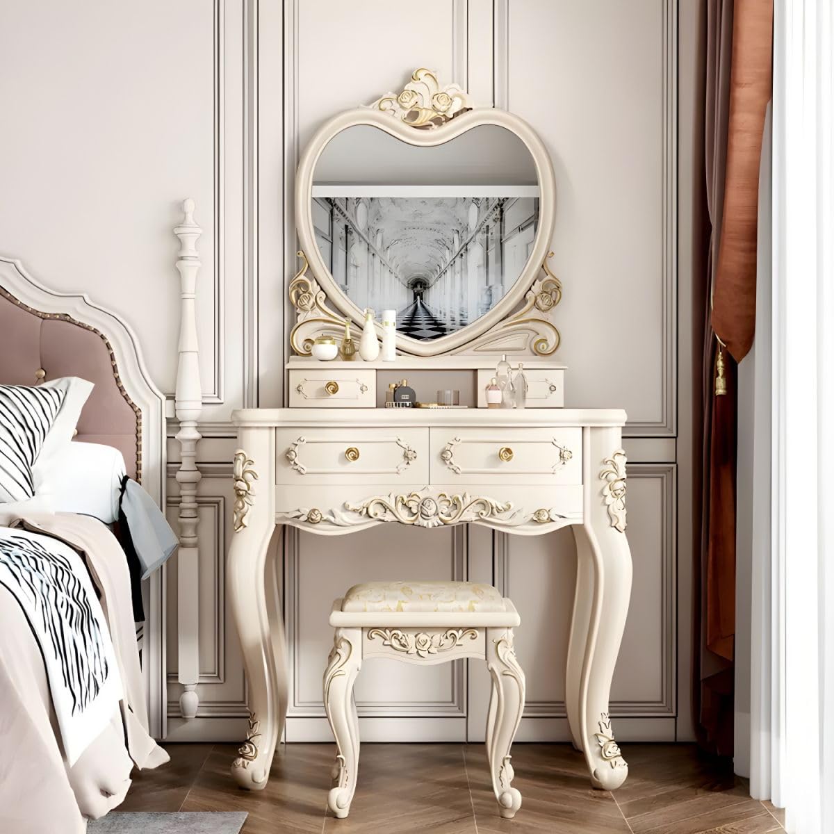 CraftThink Modern Makeup Vanity Set, Bedroom Makeup Vanity Desk Wood Vanity Dressing Table for Bedroom, Makeup Vanity & Mirror & Stools Hearts 31" L x