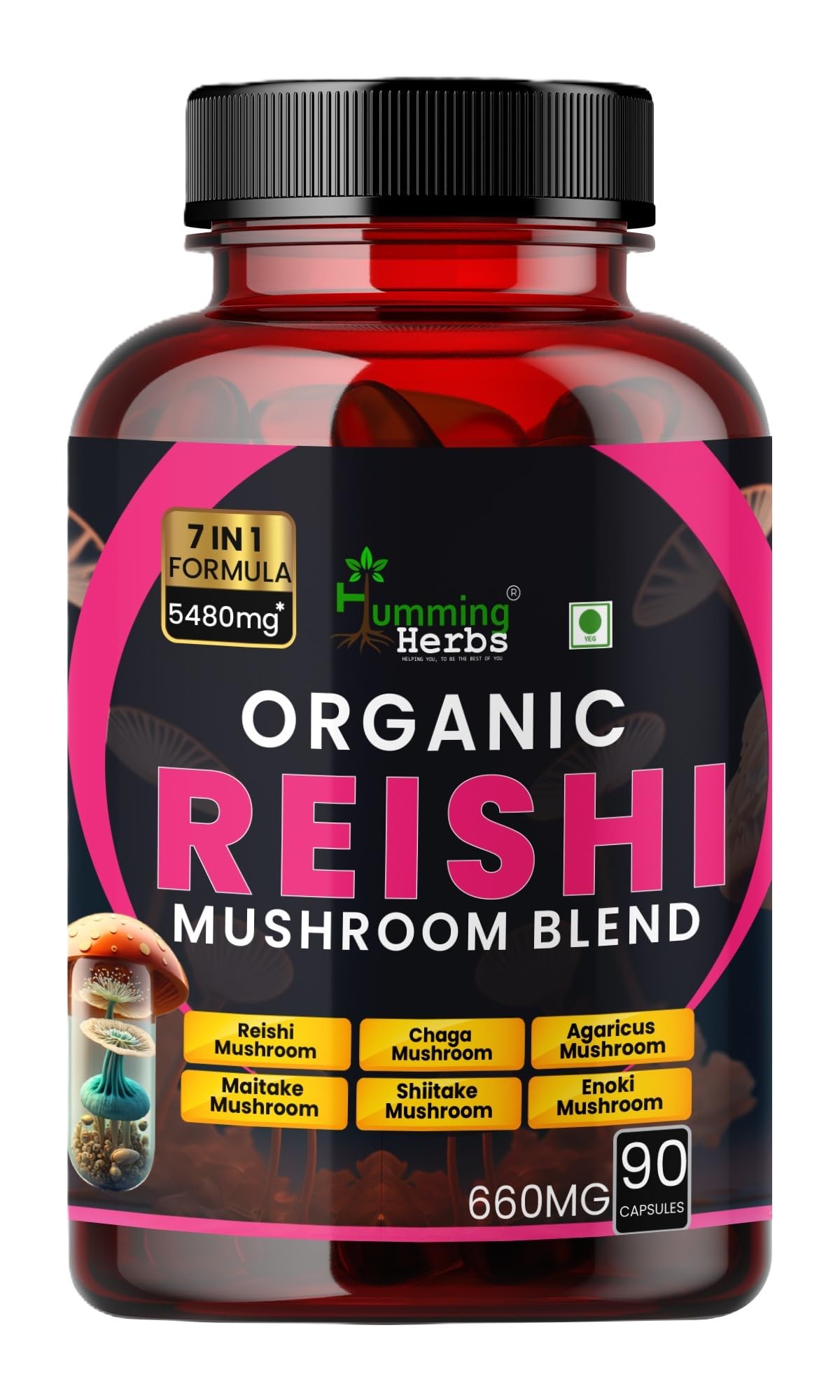 Humming Herbs Organic Reishi Mushroom Blend |Reishi, Chaga, Turkey Tail, Maitake, Shiitake, Enoki, and Agaricus| 7-in-1 Immune Support Formula, 5480mg - 90 cap (B0C1CF1NR6) Amazon Price History, Amazon Price Tracker