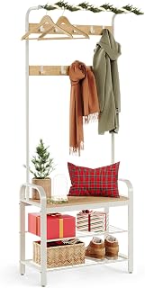 VASAGLE Coat Rack, With 9 Removable Hooks, Shoe Rack With Seat, 3 Shelves, Height 183 Cm, Metal, Cream HSR40W