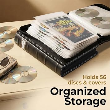 CD DVD Storage Binder with Zipper - Holds 56 Discs & 28 Booklet Pockets & 56 Tag Slots, High-end PU Leather Cover for Blu-ray Movies, Music CDs, Audio Disks, Portable Media Organizer
