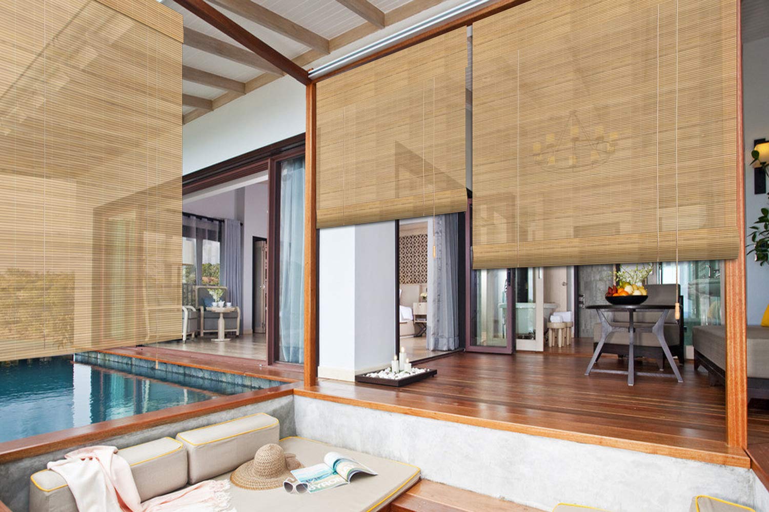 Cordless Bamboo Window Shades, Outdoor Light Filtering Wood Roman Blinds with 7" High Valance, Indoor Roman Shades with Room Darkening Liner for Windows, Doors, Porch, Color 13