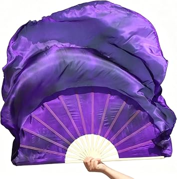 Winged Sirenny Pair Belly Dance Silk Flutter Fans 45"x41", Large Short Dancing fans for Events, Stage Performance, Theatre, Flow arts, Carry Bag Included black & purple