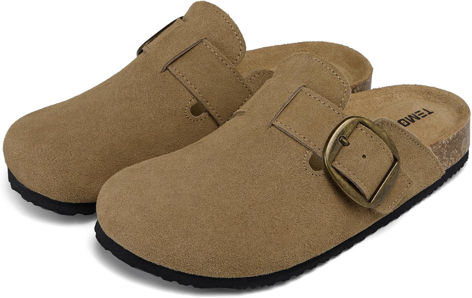TEMOFON Suede Clogs for Women 2026: Genuine Comfortable Slip on House Clogs for Women Close Toe Mules Cork Footbed Potato Casual Shoes with Arch Support Khaki Size 8.5