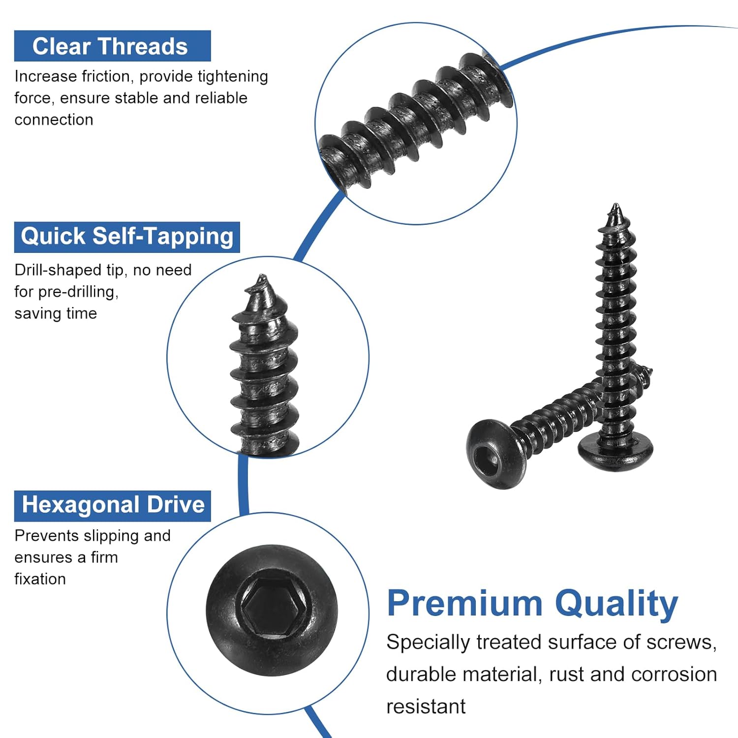 uxcell Hex Socket Self Tapping Screws, M4 x 25mm Carbon Steel Wood Screw 400pcs