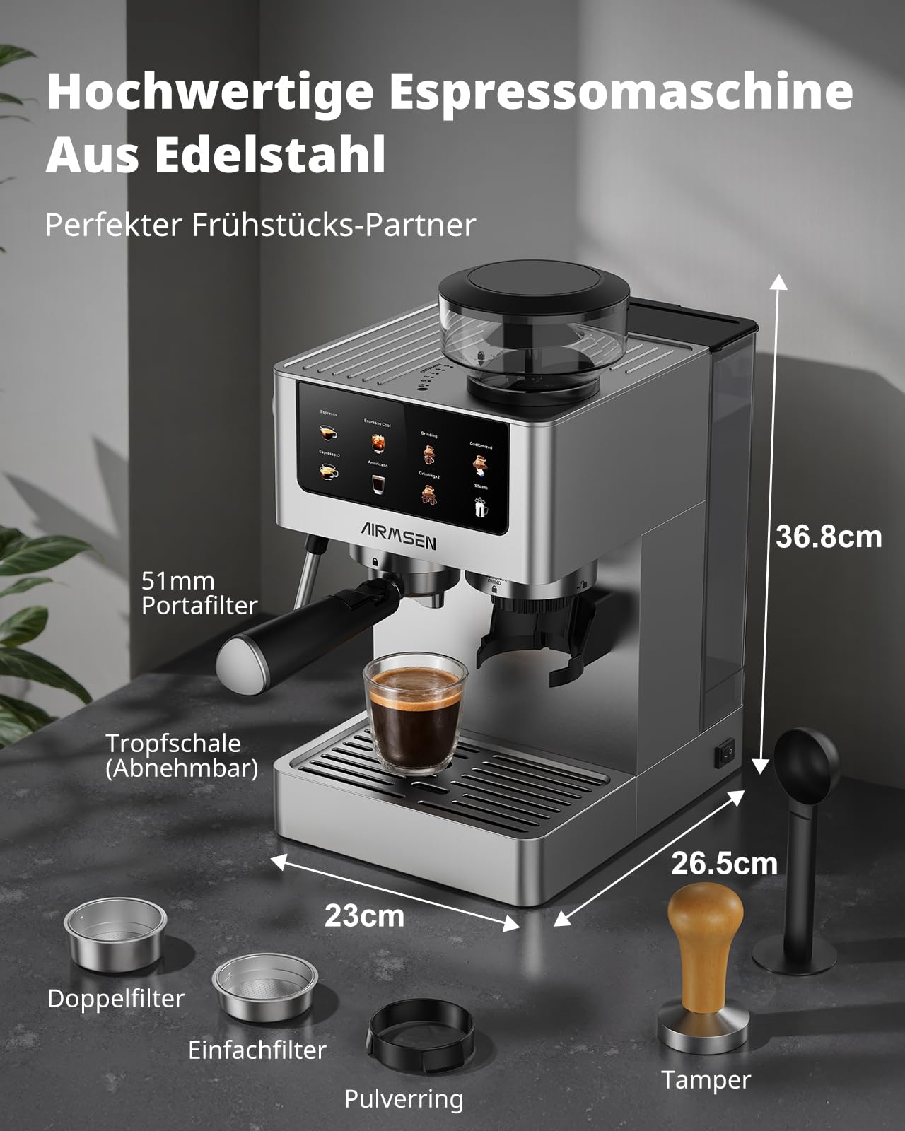 AIRMSEN Siebträgermaschine Espressomaschine 20 Bar Edelstahl 1,8L Wassertank Cold Brew Americano