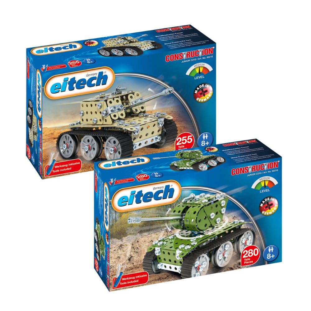 Eitech Metalowy zestaw do budowy – czołg 2-częściowy zestaw zabawek ArmyGreen i piaskowo-żółty, zestaw modelarski dla chłopców i dziewczynek, prezent dla dzieci 8, 9, 10 lat, zabawka motoryczna