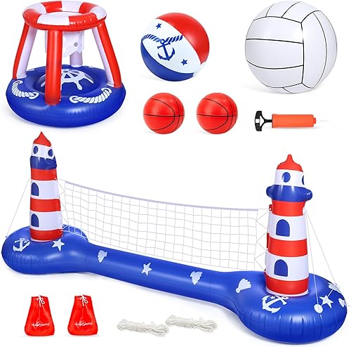 Miniatura 2 de EagleStone Red de voleibol para piscina y aro de baloncesto, flotadores inflables para piscina, juguetes para nadar juegos de agua para adultos y