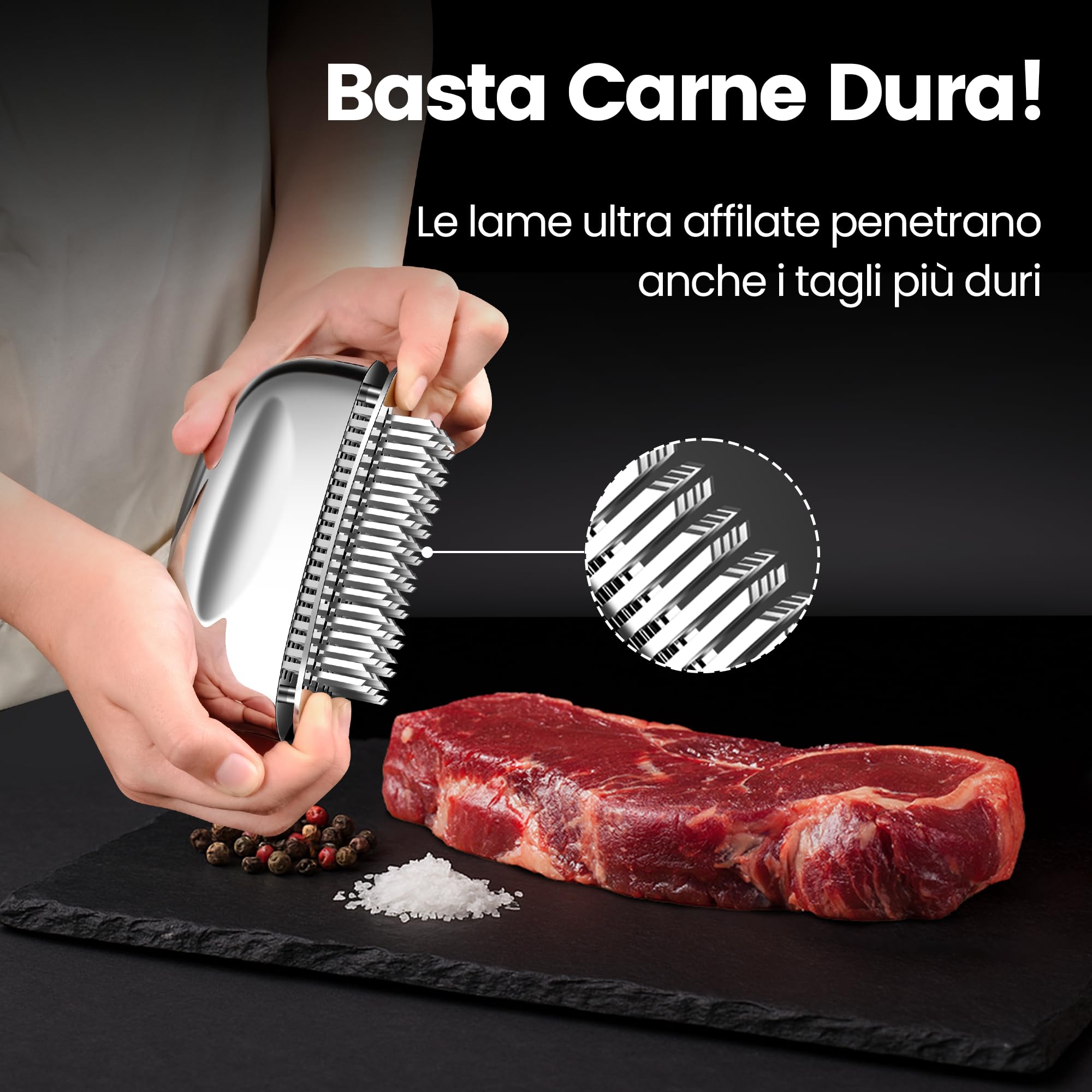Batticarne con lame ultra-affilate - Batticarne acciaio inox Steaker in acciaio inossidabile al 100% - Batticarne per intenerire manzo/pollo/maiale/bistecca- Batti carne cucina professionalelavabile