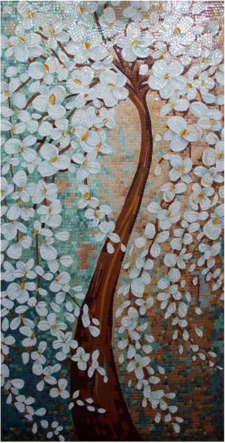 Handmade Weeping Cherry Glass Mosaic Wall Art, Cherry Blossom Tree Tile Mosaic Artwork, Hand-Cut Glass Wall Décor