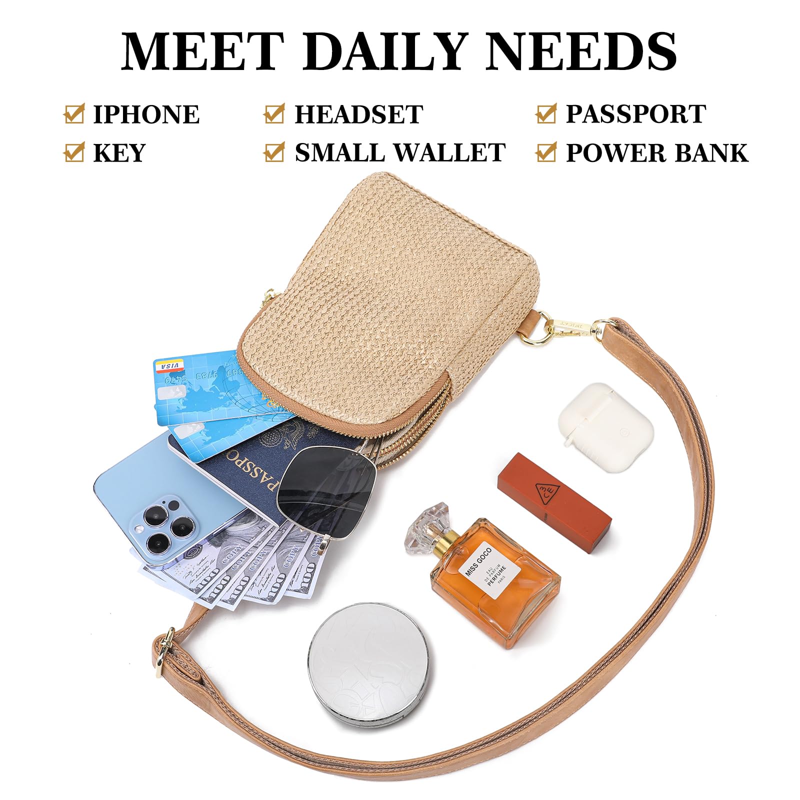 Bolsa de paja de verano, bolsa de playa, bolsa cruzada de ratán tejido para mujer 2025, Tejiendo Khkai, Pequeña, Mochilas Sling 6