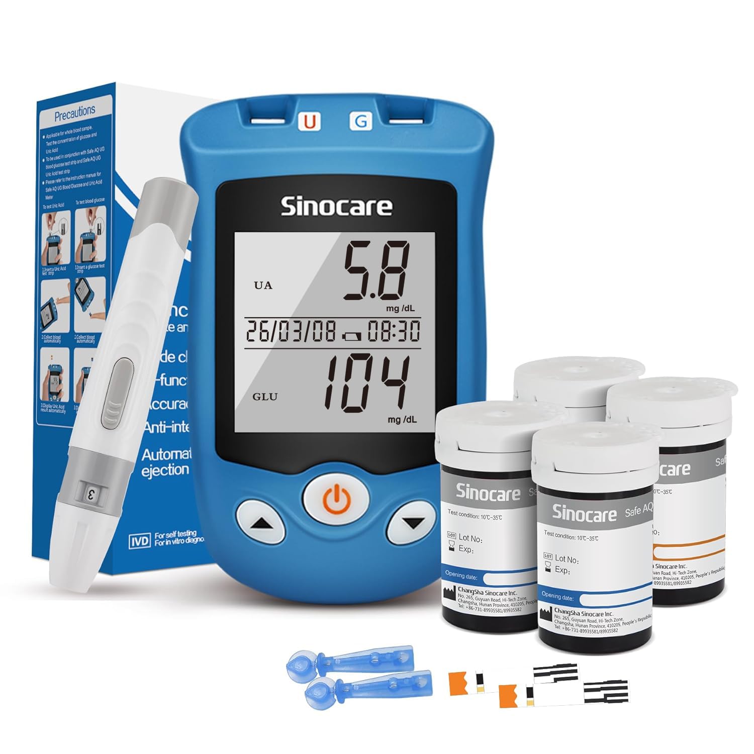 Sinocare Misuratore di Glicemia e Acido Urico, Safe AQ UG Multifunzione 2 in 1 Kit di Monitoraggio Accurati Test a casa, con 50 Strisce Reattive per il Glucosio e 50 Strisce per l'Acido Urico -mg/dL