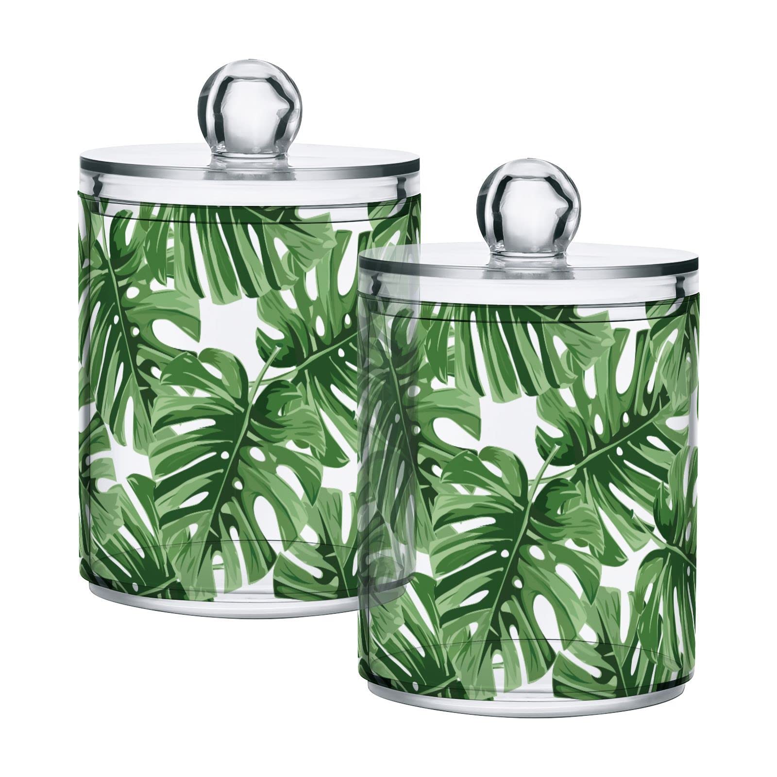 xigua 2 Pack Tropical Palm Leaves Apothecary Jars with Lid, Qtip Holder Storage Containers for Cotton Ball, Swabs, Pads, Clear Plastic Canisters for Bathroom Vanity Organization (10 Oz)