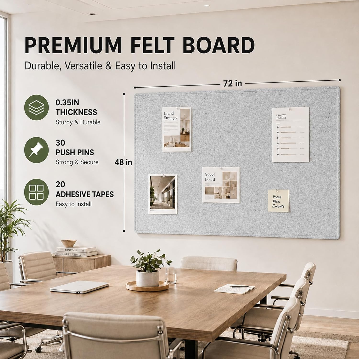 Felt Bulletin Board for Wall 72" x 48" Unfolded Size, Large Frameless Felt Pin Board, Soft Cork Board Alternative for Office, Home Planning, Notes, Photos & Wall Decor, Foldable Shipping, Easy Install