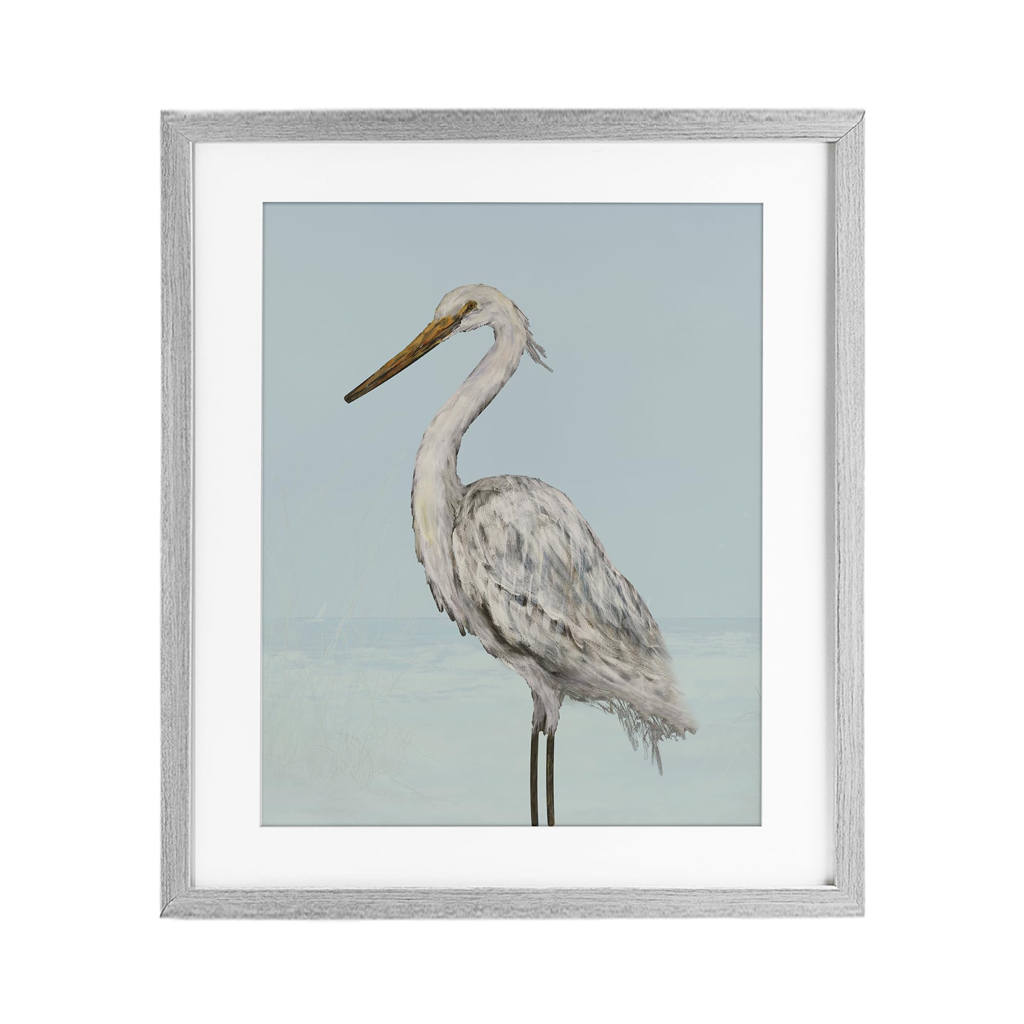 Stupell Industries 'Coastal Heron Muted Blue', Framed Print Under Glass, Gray, 13 x 16 Inches, Easy to Hang and Sturdy, Made in USA, by Julie DeRice