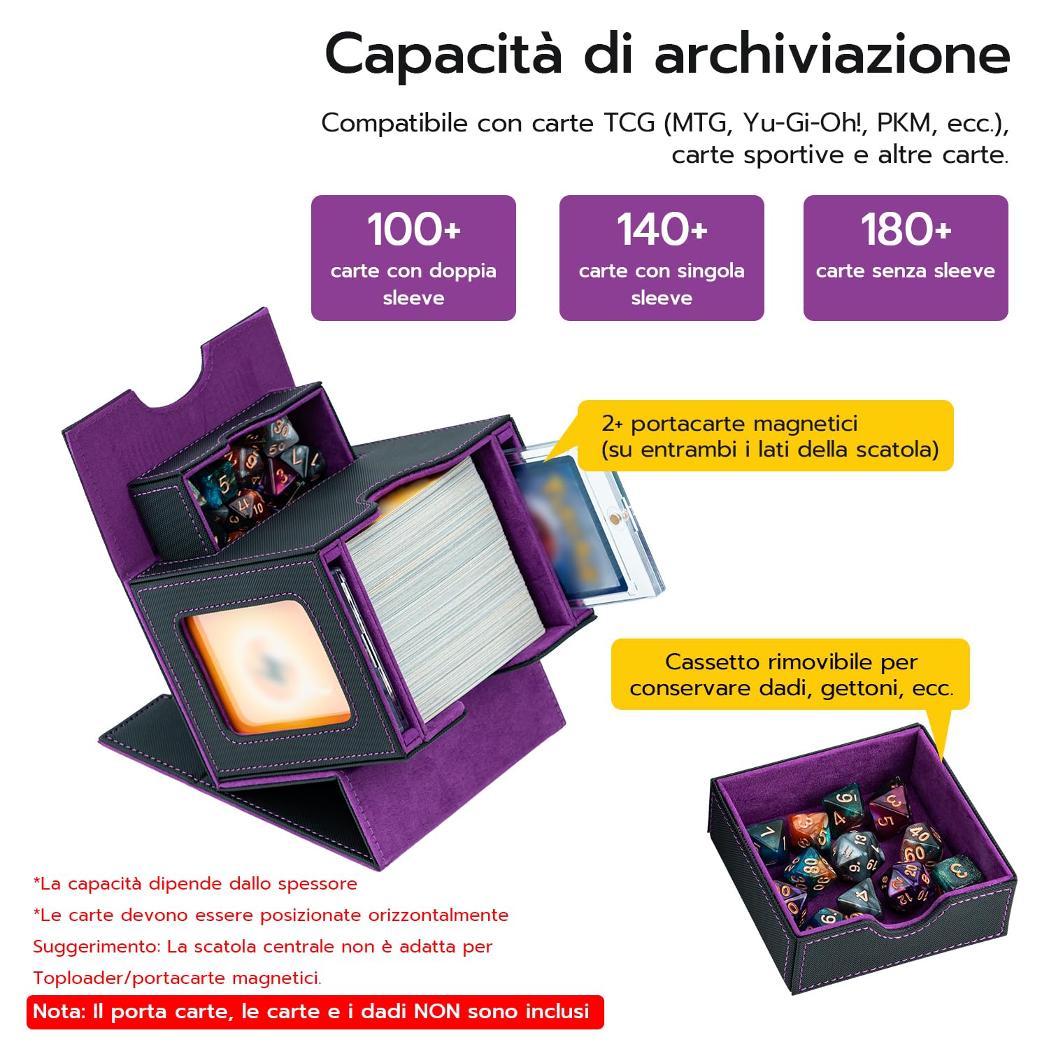 Commander Deck Box Porta Mazzo per MTG mit 2 Visualizzare Commander, Capacità 180+New Carte Senza Maniche con 1 Dice Tray,Magnetic Deck Box per Scatola di Carte Collezione Magic TCG-Nero Viola