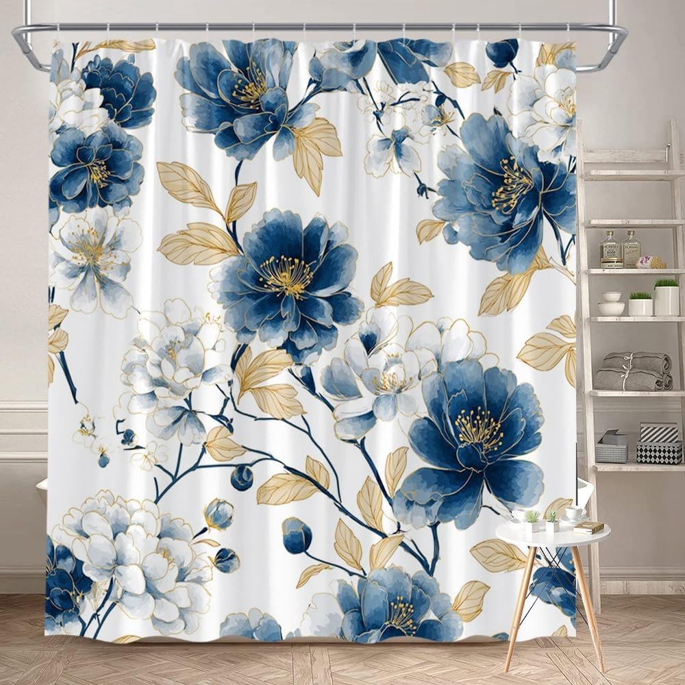 GLWDMB 1 Piece 90x180CM Blue Peony Printed Shower Curtain With Hook, Polyester, for Windows And Walls, Bathtub, Bathroom, Machine Washable, All Season Universal
