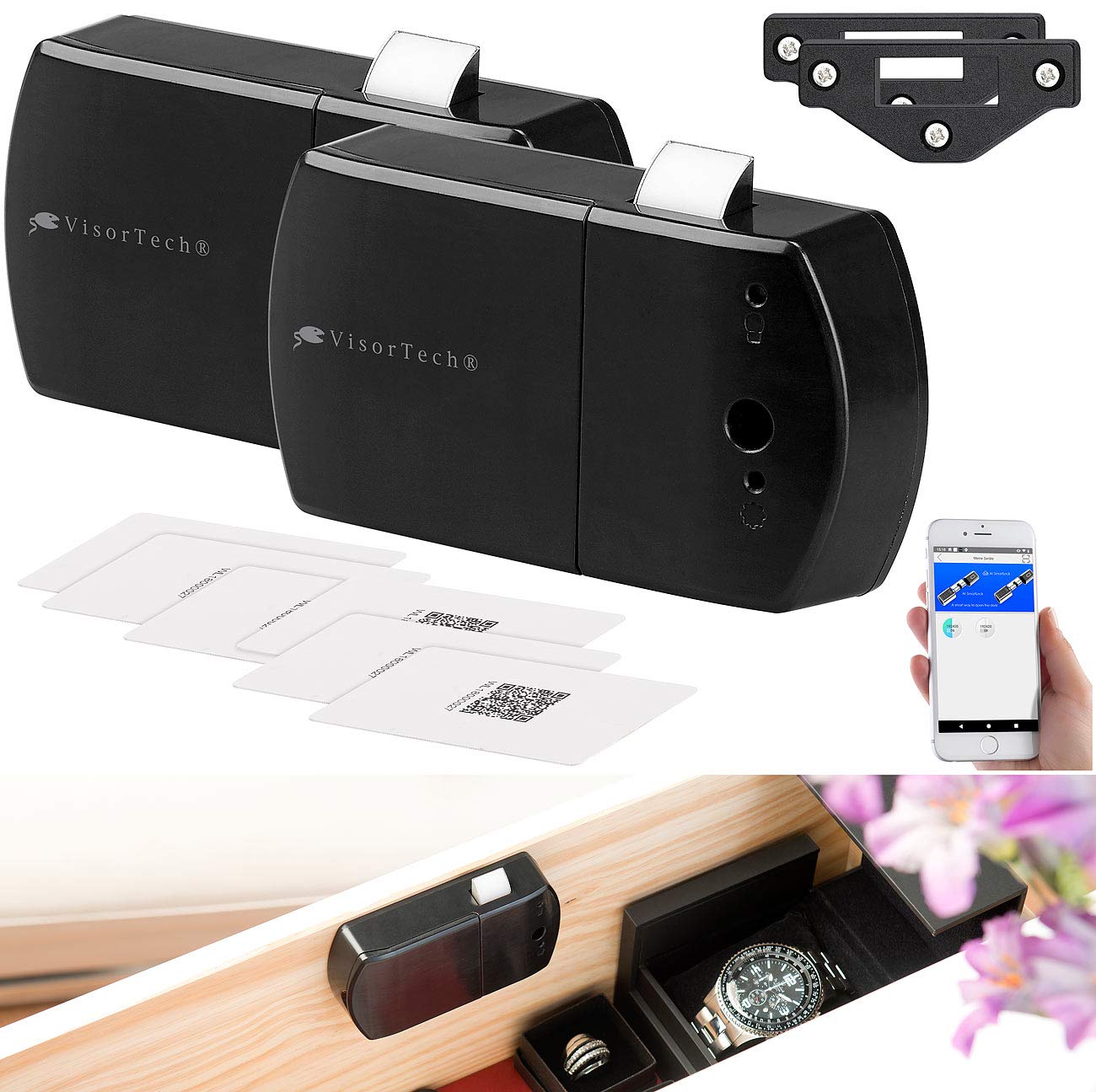 VisorTech Schubladenschloss: 2er-Set Schubladen- & Schranktüren-Schloss mit RFID-Schlüssel, BT, App (Elektronisches Briefkastenschloss, Schrank-Schloss, Safe)