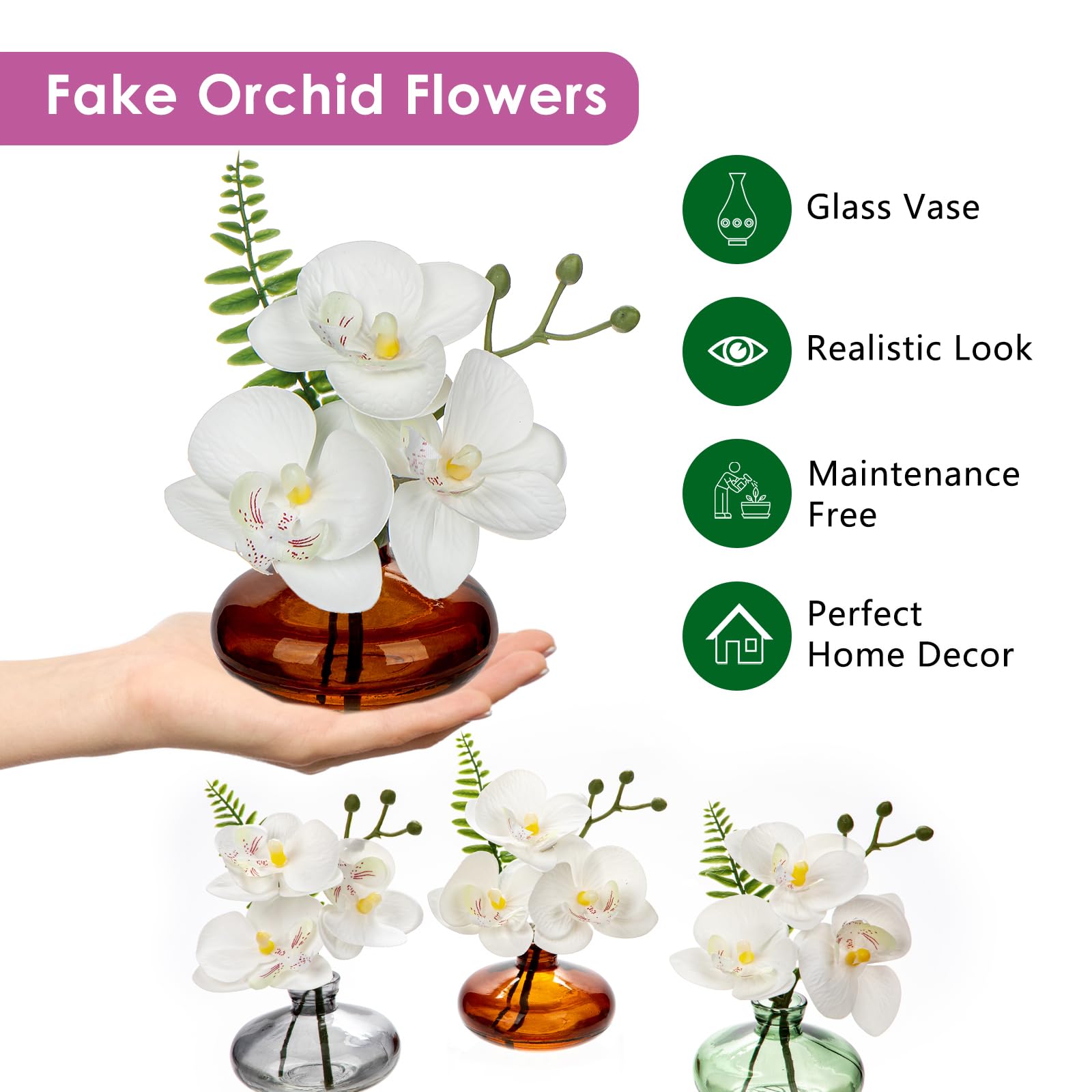 Briful Set of 3 Artificial Orchids in Amber Glass Vase - Image 3