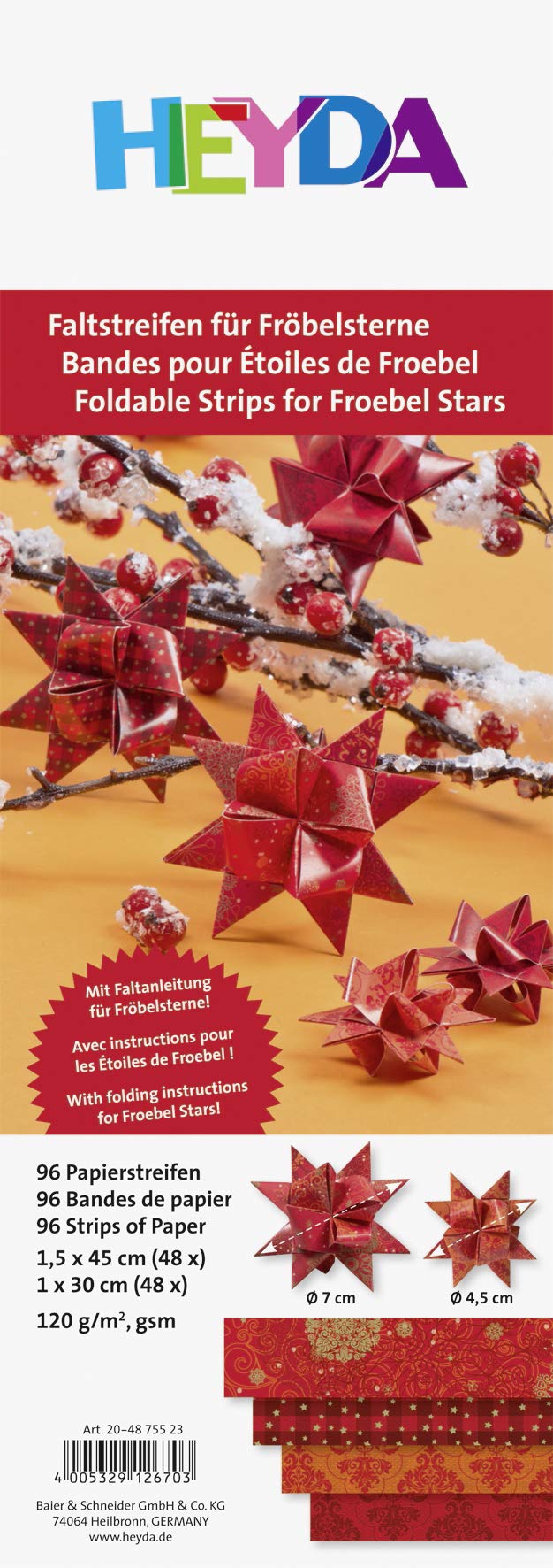 Heyda 204875523 Folding Strip Set for Froebel Stars 1 x 30 cm and 1.5 x 45 cm, 4 Assorted Designs in Two Different Sizes, red