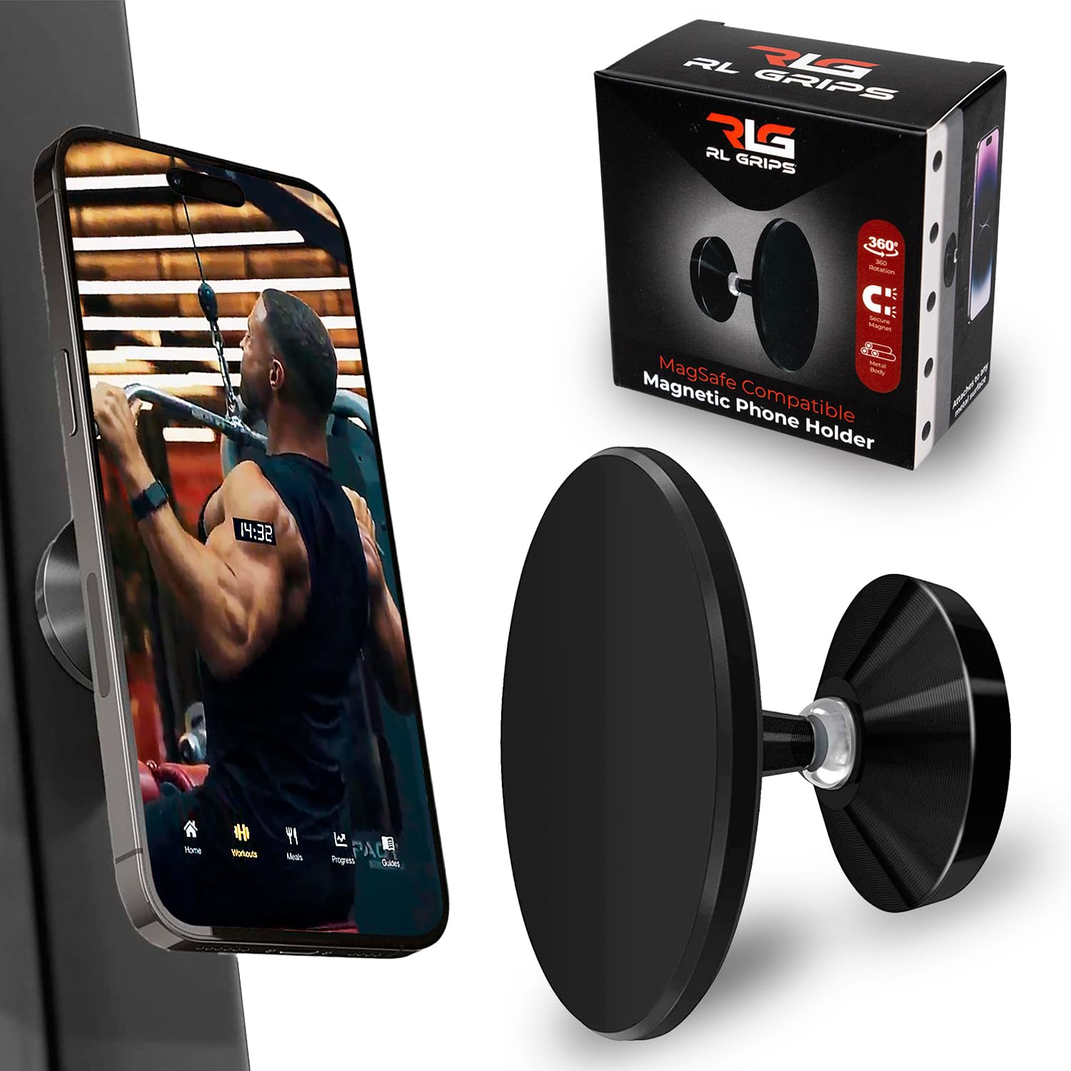 RL Grips® Gym Magnetic Holder for Large and Small Mobile Phones - Ideal Gym Magnet for iPhone with 360º Rotation - Phone Holder for Car and Gym Machines with 3 Metal Stickers