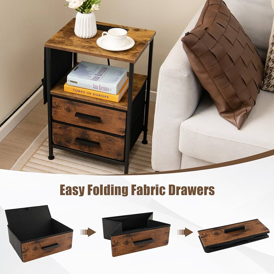 Comodino Con Luce LED E Ricarica USB - Set Di 2, Sensore Di Movimento, 3 Colori, Piano 45x40cm, Stile Shabby