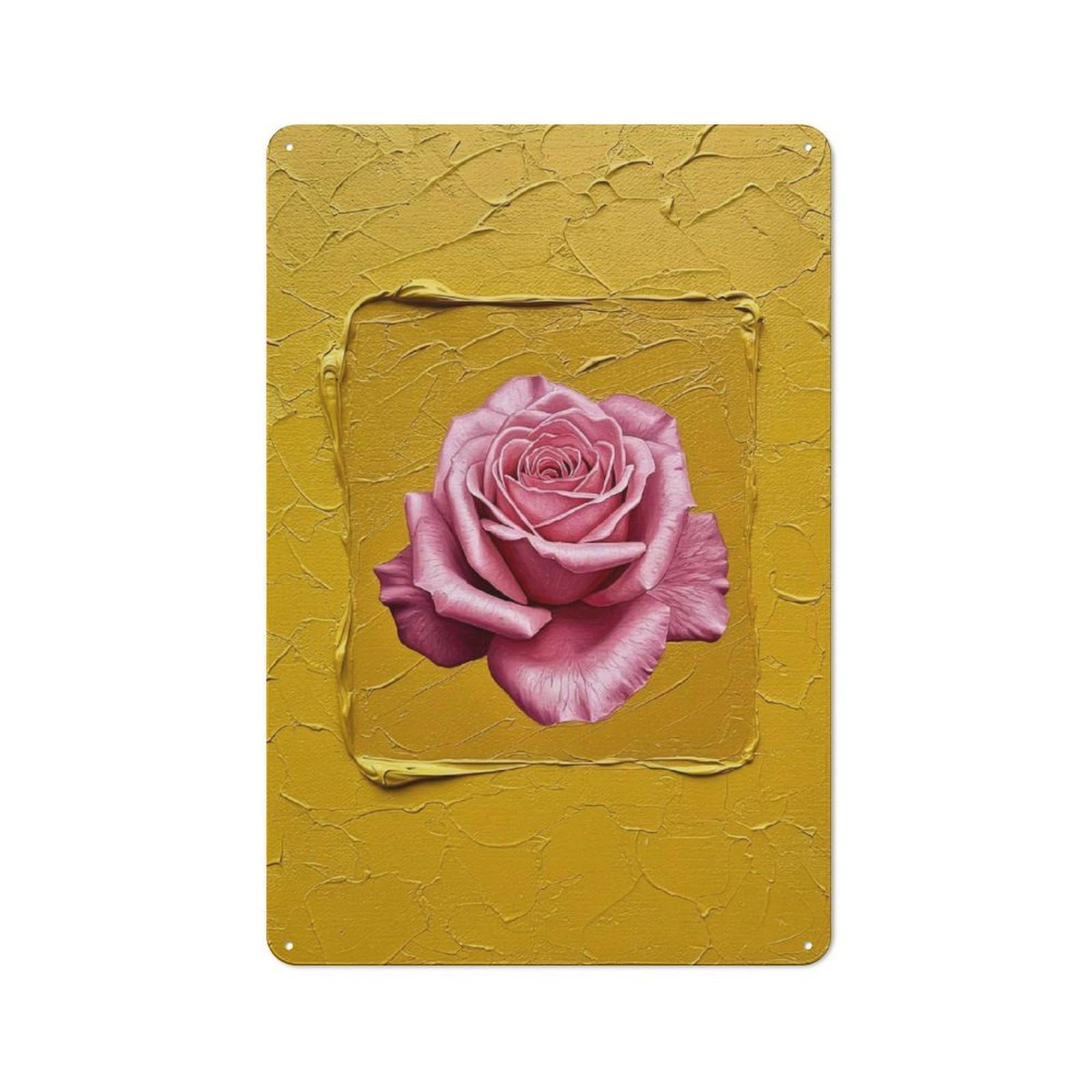 Junmoney Pink Rose On Textured Yellow Background Tin Sign With Design 30X20cm, Garage Style Garage Wall Decor For Garage, Hobby Room, Office Or Man Cave
