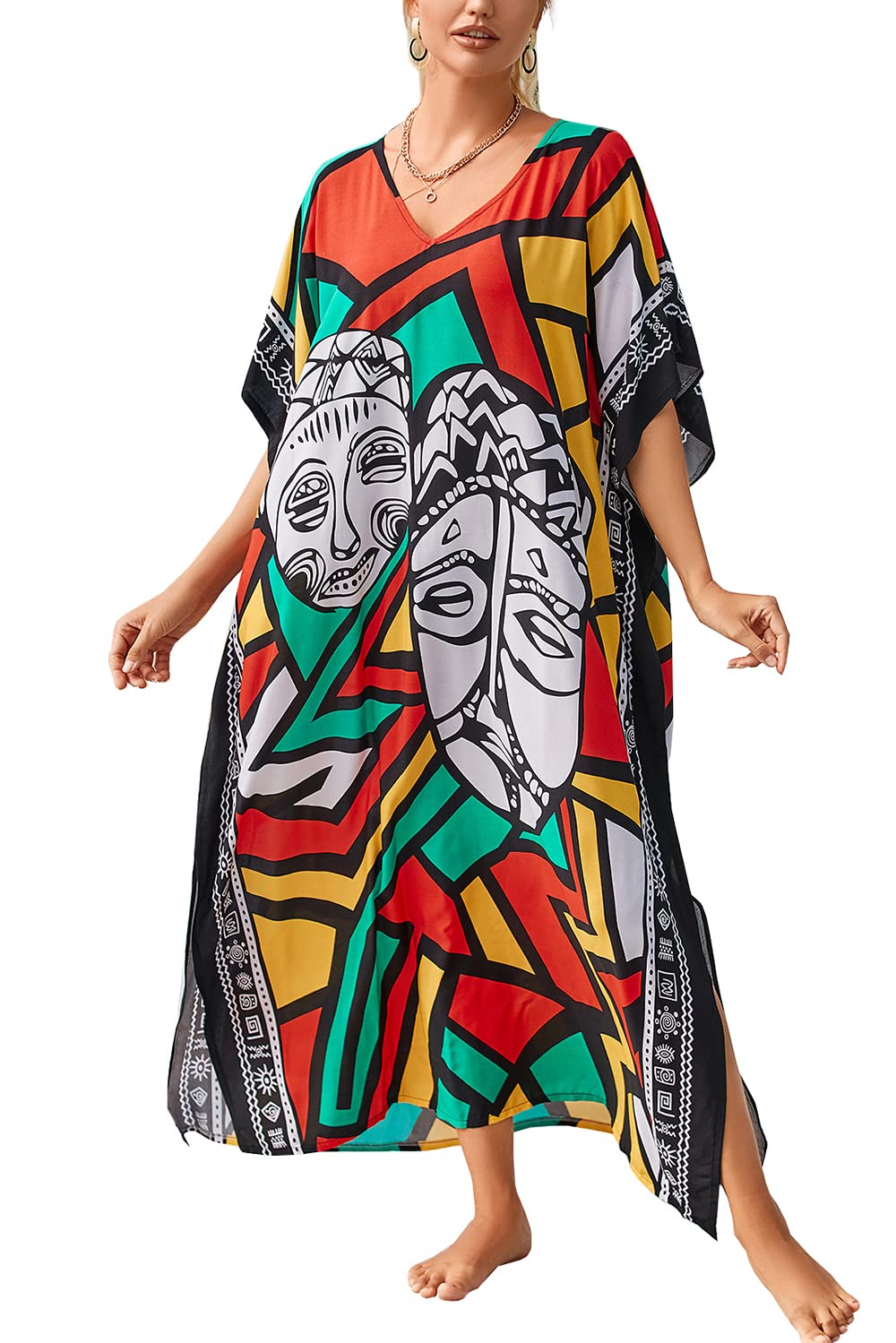 L-Peach Vestido de Playa Kimono Pareo Kaftan Maxi Pareos Bikini Cover Up para Mujer