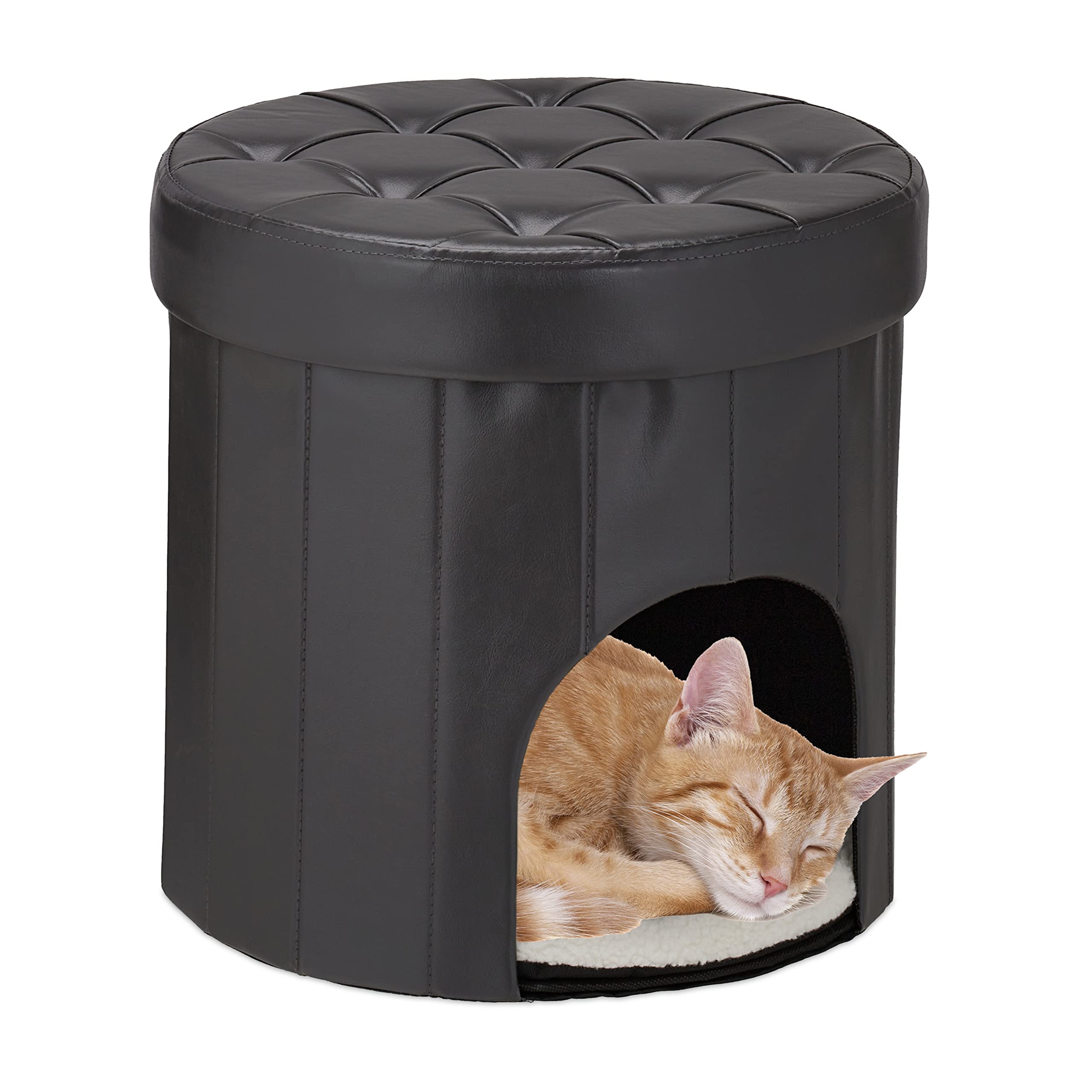 Relaxdays Cama Cueva Gato con Taburete Amos, Caseta Gatito Redonda, Perro Pequeño, Piel Sintética, 38x38 cm, Antracita