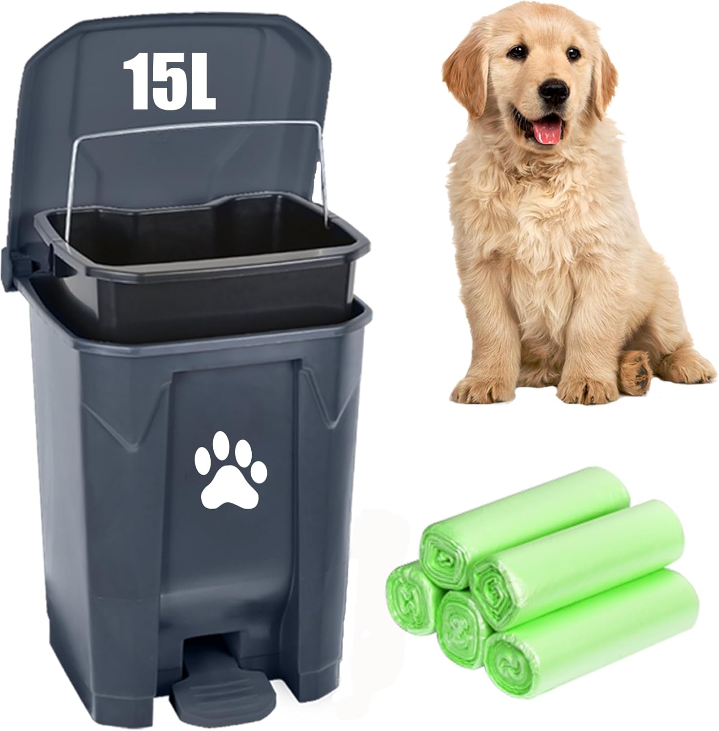 Dog Poop Trash Can for Outdoors, Dog Waste Trash Can Pet Waste Station Container for Dog Poop Yard Garden Home with Lid Removable Inner Bin, Green Waste Bag, Grey Fully Assembled