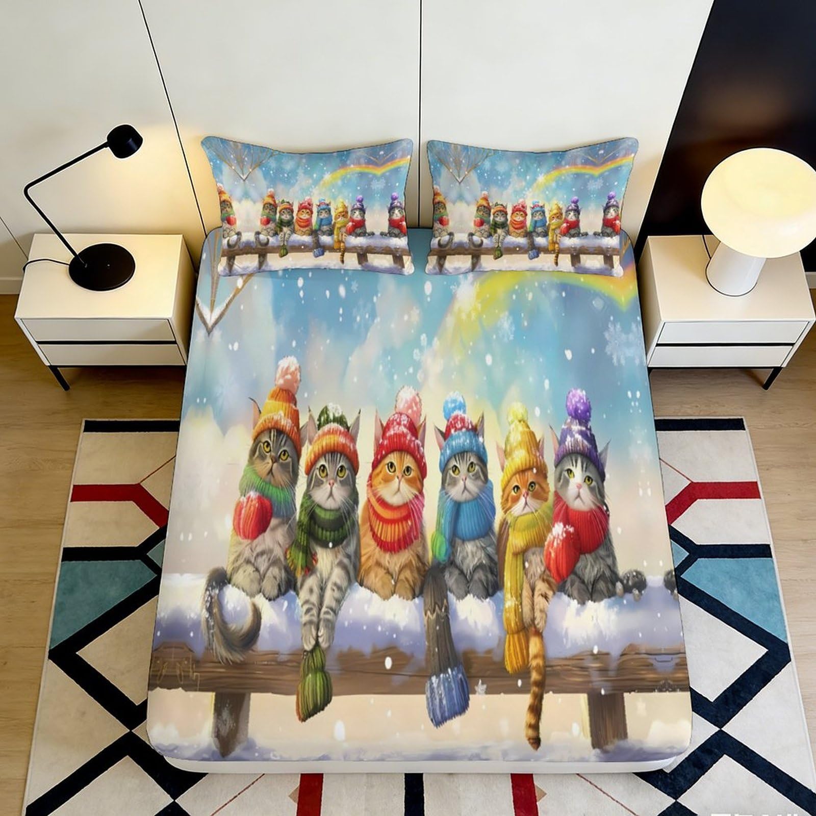 3D Printed Cartoon Cat Fitted Sheet Microfiber Deep Pocket Non-Slip Cartoon Cat Mattress Fitted Cover for Bedroom 90x200x25cm