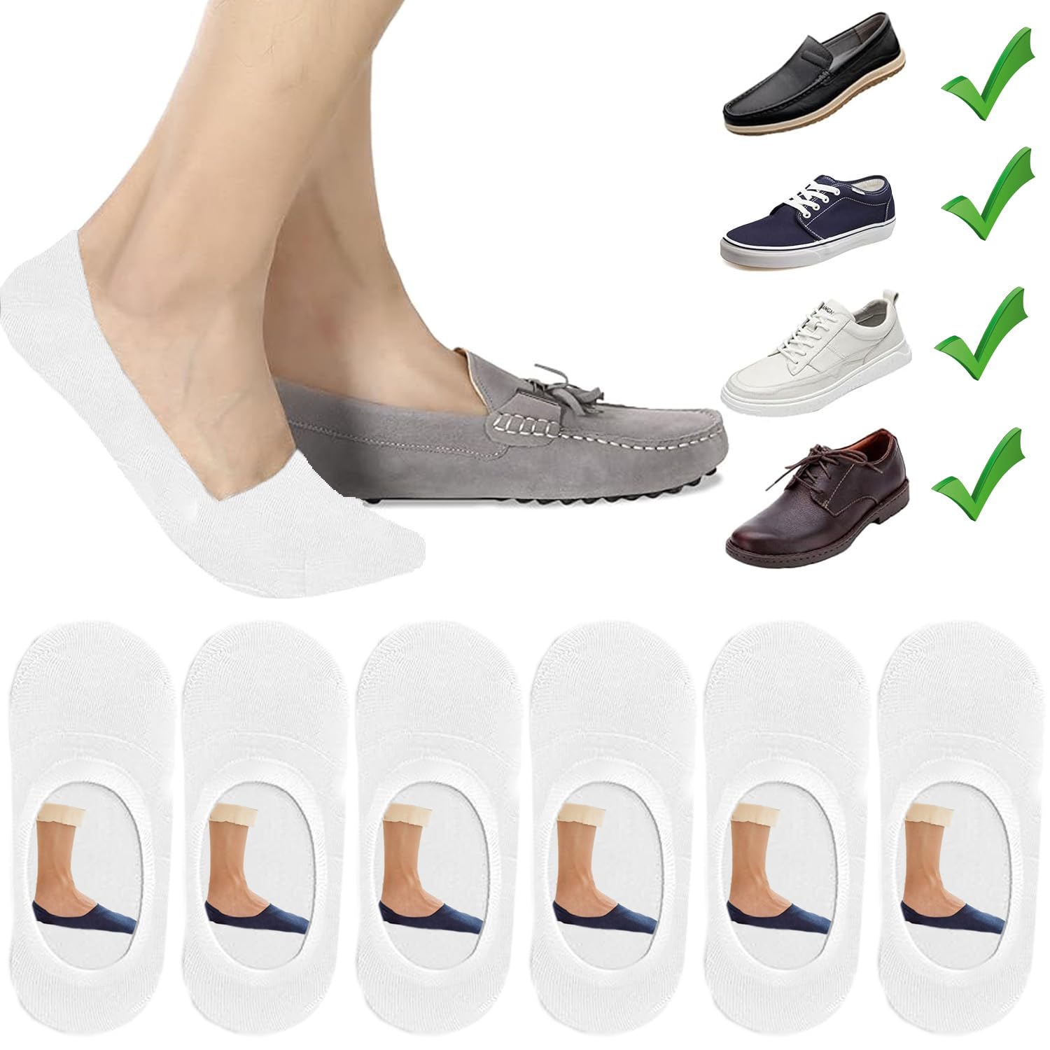 Mens Truly No Show Cotton Low Cut Socks with Non Slip Grips, 6 Pairs, No See Invisible Boat Liners Loafer Socks