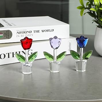 Crystal Flower Figurines Set of 3 Colorful Flower Ornament Paperweight Spring Home Desk Decor Gifts for Women