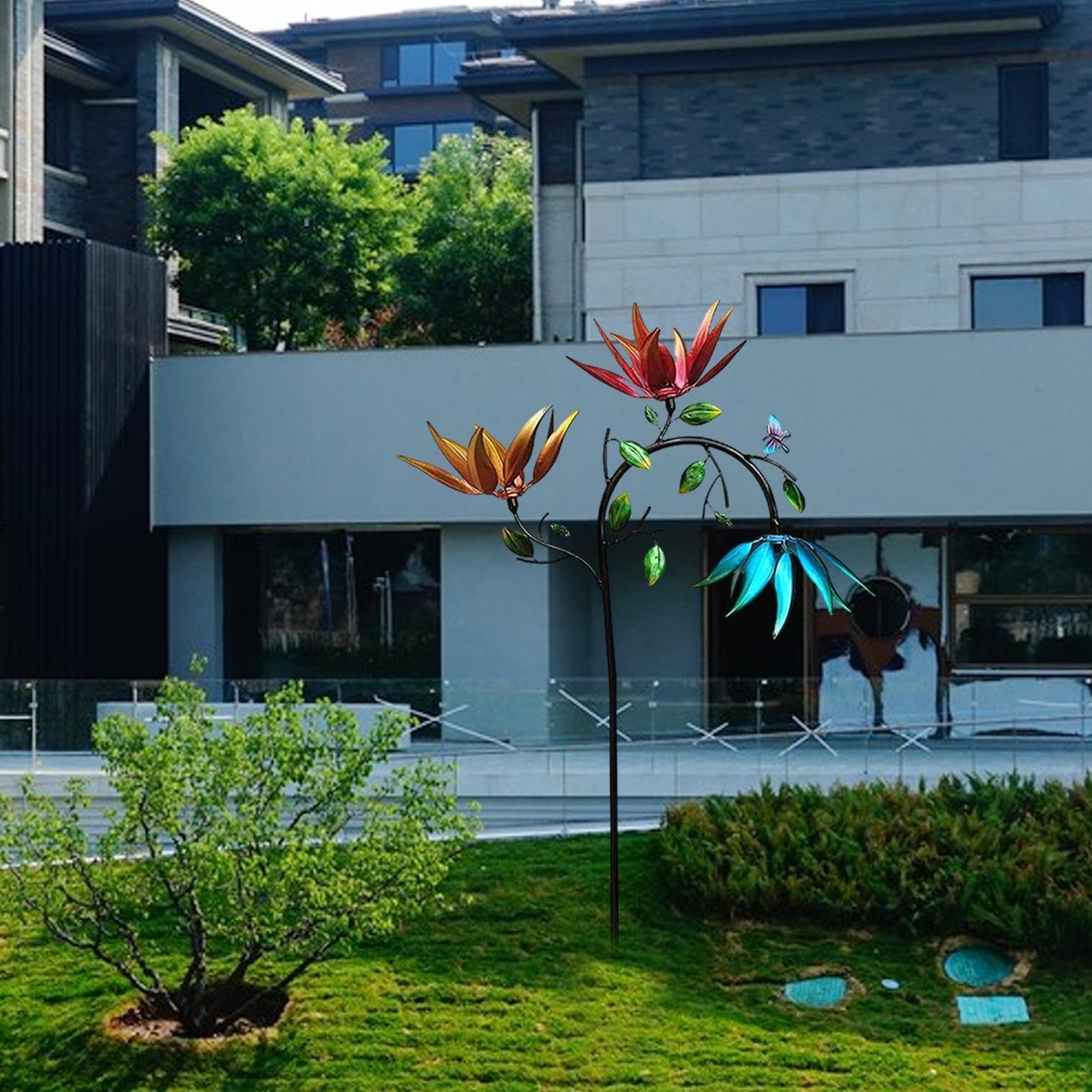 Molinillos de viento de metal con estaca, decoración de jardín de hierro resistente a la intemperie para patio al aire libre, césped, camino, porche, patio, pasarela