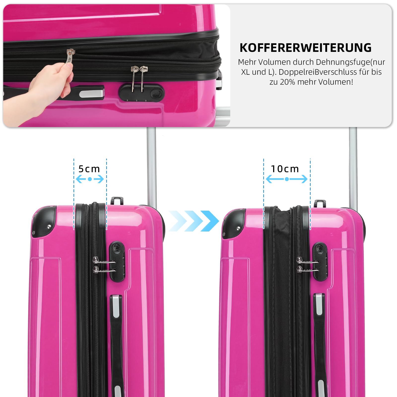 BEIBYE Hartschalen Koffer Trolley Rollkoffer Reisekoffer 4 Zwillingsrollen Polycabonat (Pink, Handgepäck 55cm-40L)